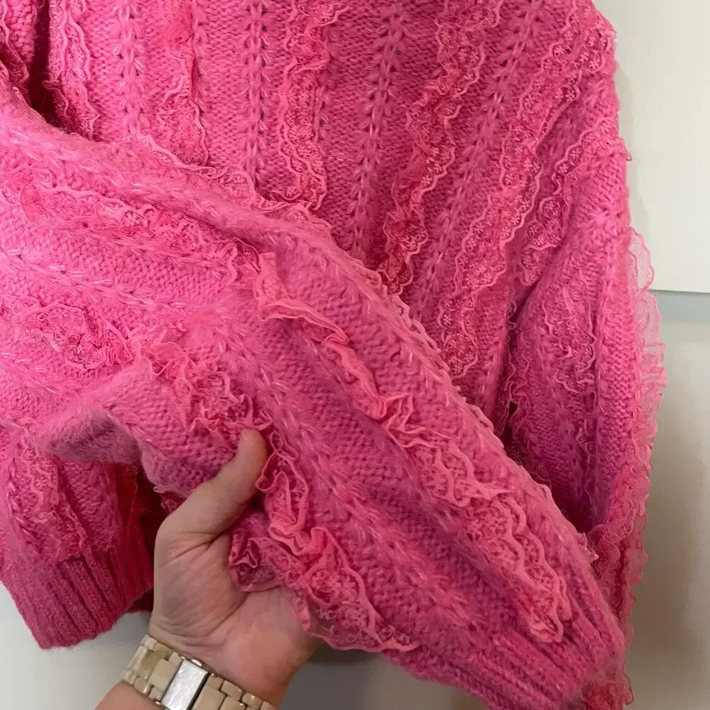 Zara Pink Ruffled & Lace Chunky Knit Sweater SZ Medium Girly Coquette Preppy - Picture 5 of 15